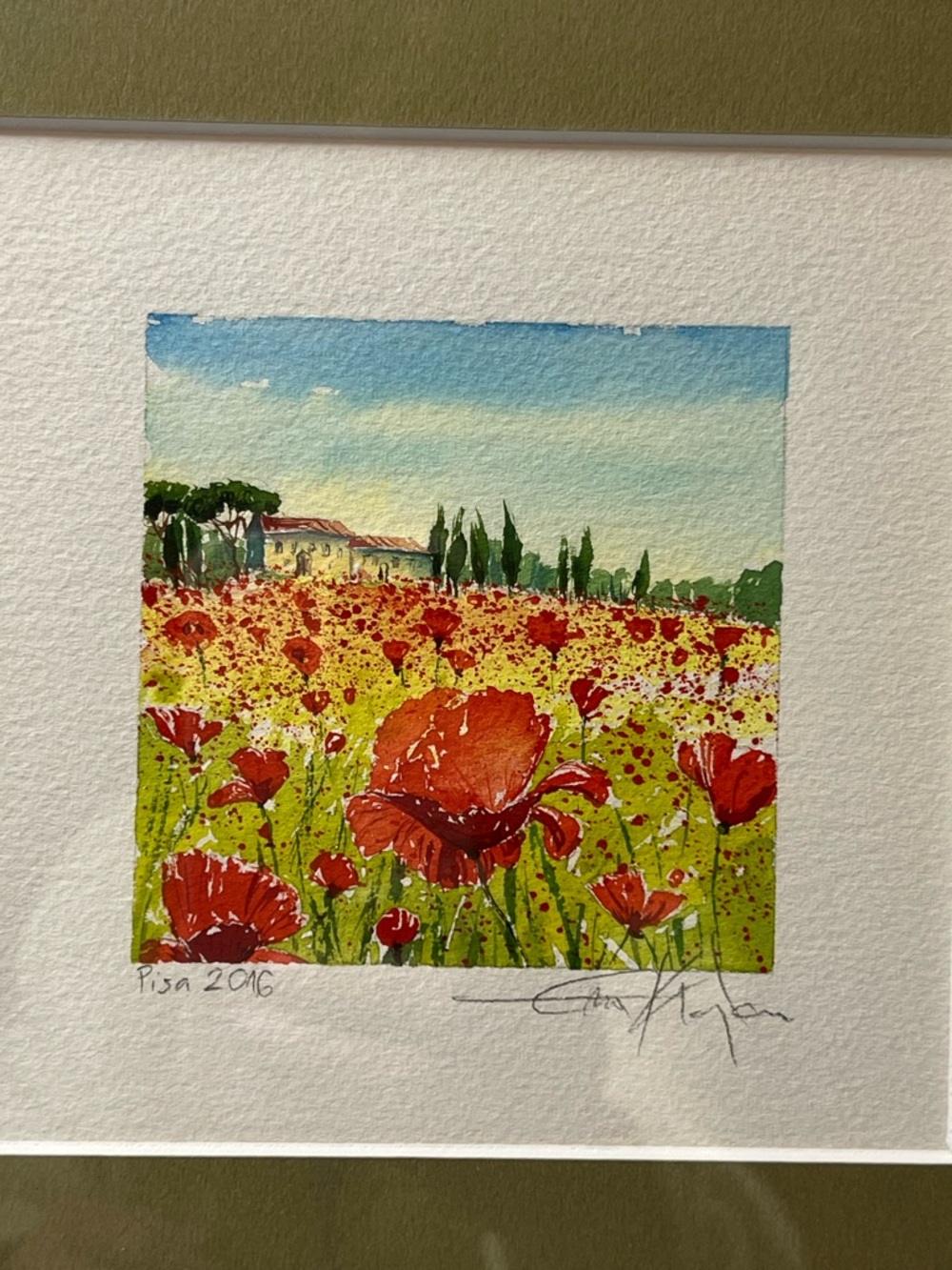 Original Signed Poppy Field Watercolor | Tuscan Landscape | Framed 12x12